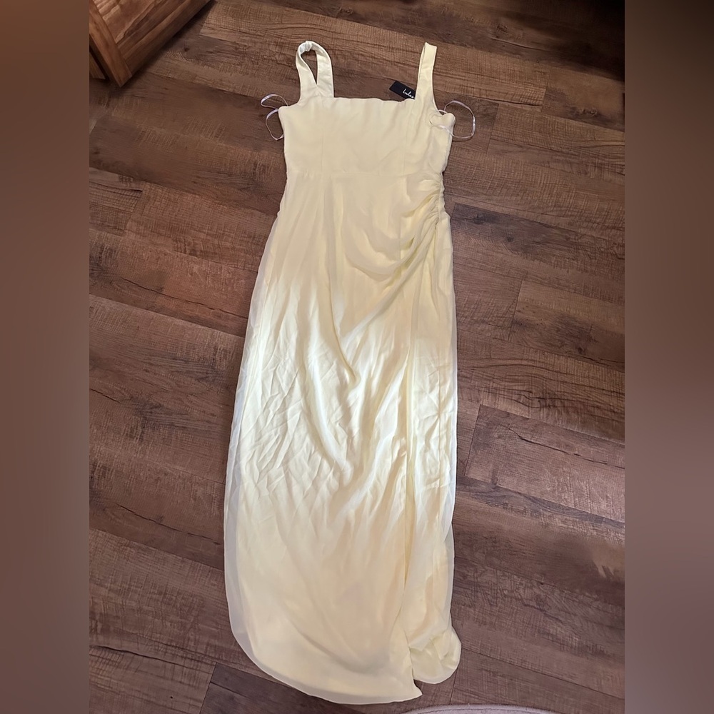 Lulus Glamorous Disposition Light Yellow Ruched Maxi Dress - Picture 4 of 5